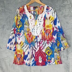 Womens Top Large Artsy Art To Wear‎ Boho Crochet Sheer Rainbow Colorful Dopamine